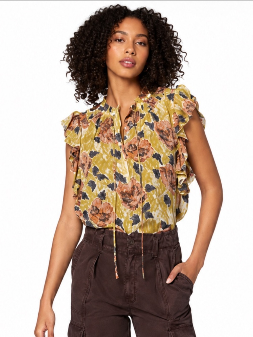 NWT Joie Patricia Ruffled Sleeve 100% Silk Blouse In Ecru Olive Multi Size XXS